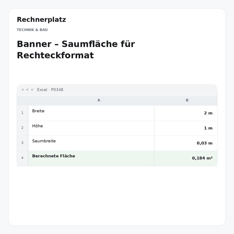 Rechnerplatz – Banner – Saumfläche für Rechteckformat, Excel-Übersicht mit Eingaben und Ergebnis.