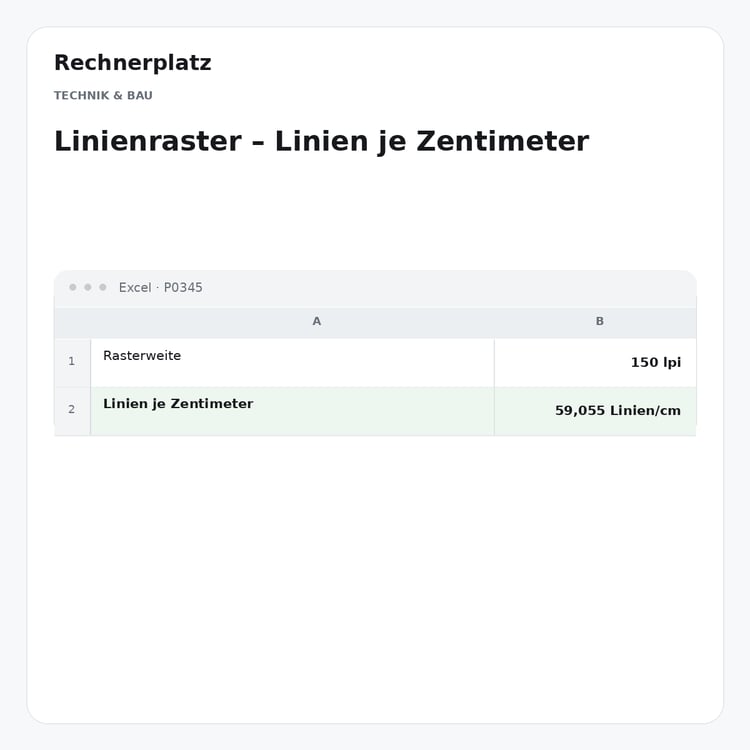 Rechnerplatz – Linienraster – Linien je Zentimeter, Excel-Übersicht mit Eingaben und Ergebnis.