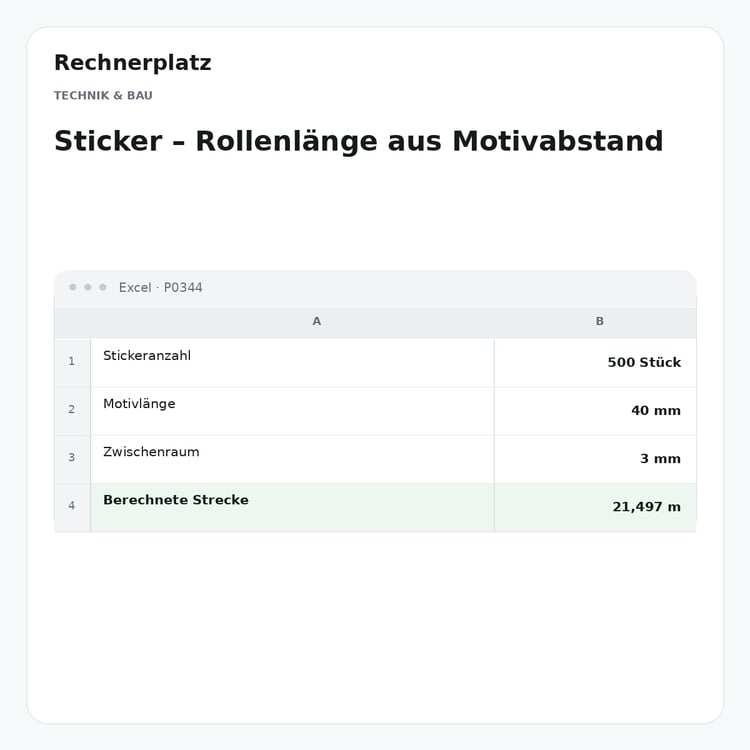 Rechnerplatz – Sticker – Rollenlänge aus Motivabstand, Excel-Übersicht mit Eingaben und Ergebnis.