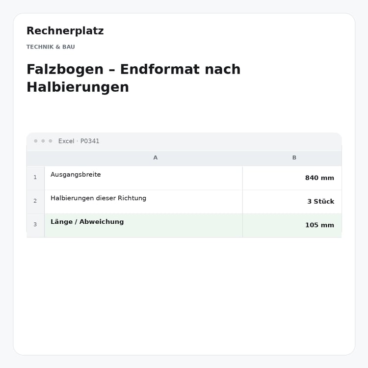 Rechnerplatz – Falzbogen – Endformat nach Halbierungen, Excel-Übersicht mit Eingaben und Ergebnis.
