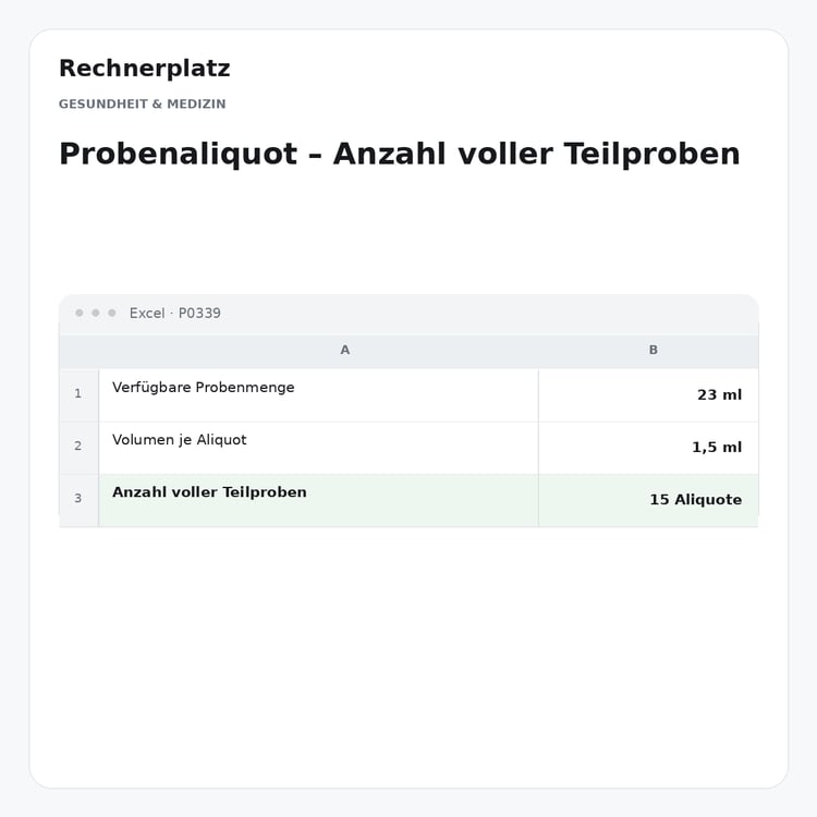 Rechnerplatz – Probenaliquot – Anzahl voller Teilproben, Excel-Übersicht mit Eingaben und Ergebnis.