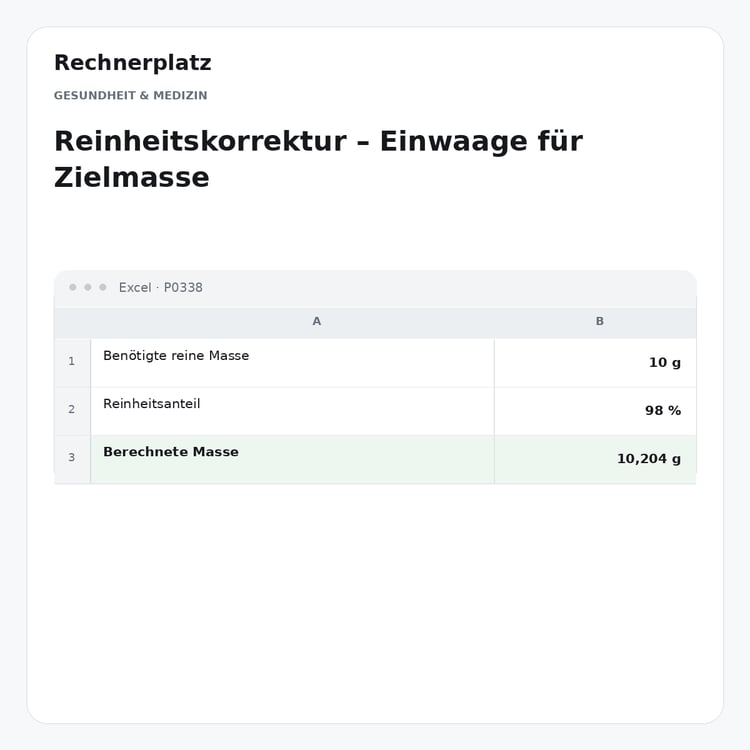 Rechnerplatz – Reinheitskorrektur – Einwaage für Zielmasse, Excel-Übersicht mit Eingaben und Ergebnis.