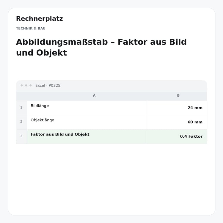 Rechnerplatz – Abbildungsmaßstab – Faktor aus Bild und Objekt, Excel-Übersicht mit Eingaben und Ergebnis.