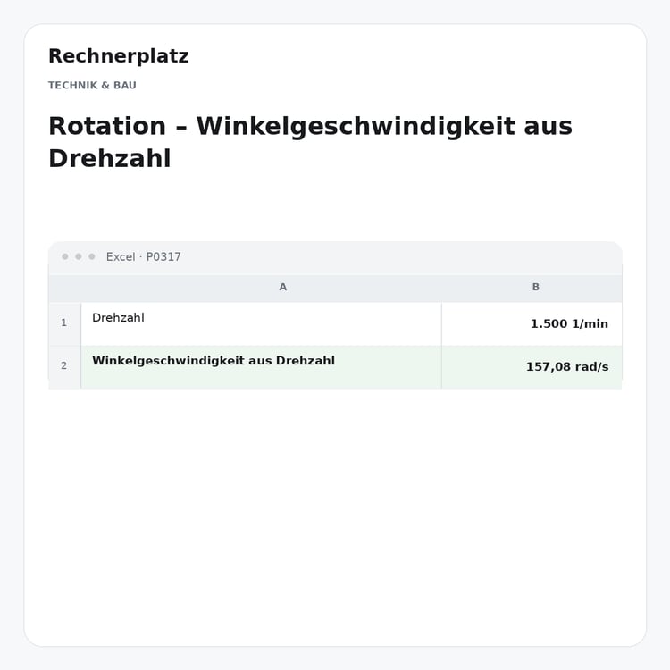 Rechnerplatz – Rotation – Winkelgeschwindigkeit aus Drehzahl, Excel-Übersicht mit Eingaben und Ergebnis.