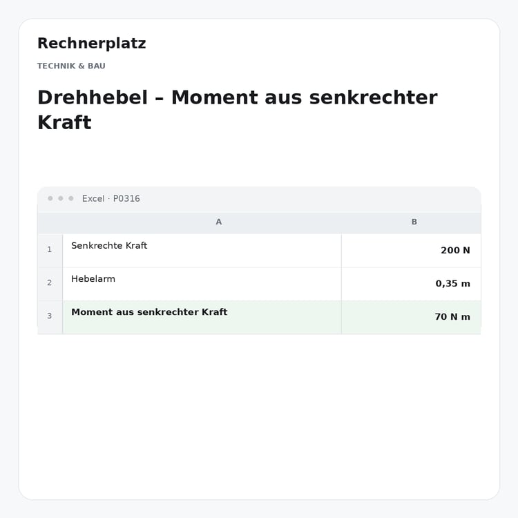 Rechnerplatz – Drehhebel – Moment aus senkrechter Kraft, Excel-Übersicht mit Eingaben und Ergebnis.