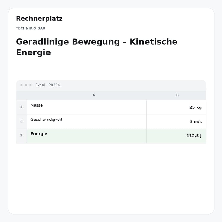 Rechnerplatz – Geradlinige Bewegung – Kinetische Energie, Excel-Übersicht mit Eingaben und Ergebnis.