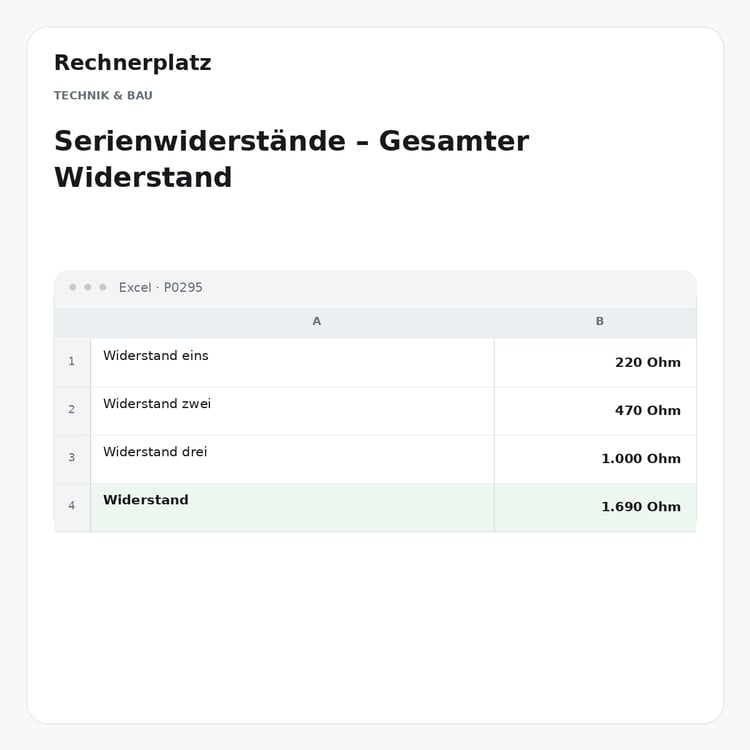 Rechnerplatz – Serienwiderstände – Gesamter Widerstand, Excel-Übersicht mit Eingaben und Ergebnis.