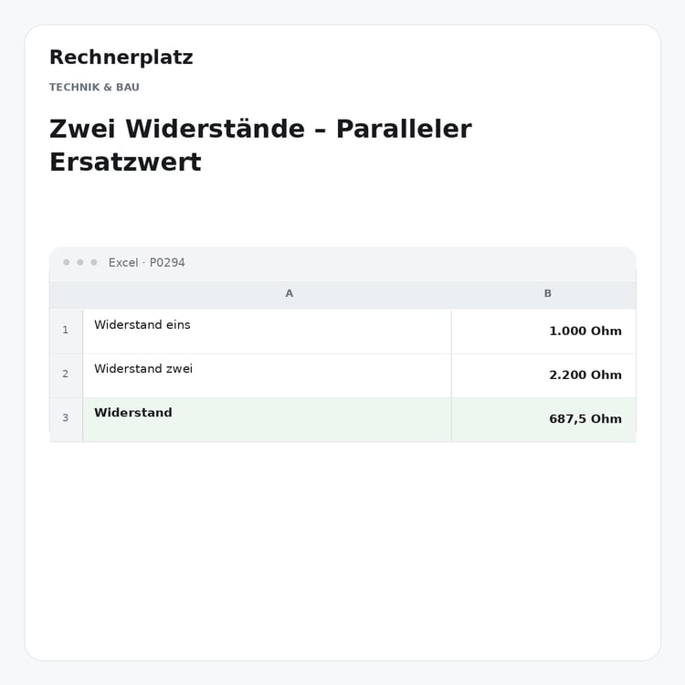 Rechnerplatz – Zwei Widerstände – Paralleler Ersatzwert, Excel-Übersicht mit Eingaben und Ergebnis.