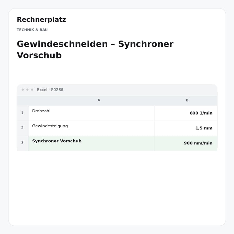 Rechnerplatz – Gewindeschneiden – Synchroner Vorschub, Excel-Übersicht mit Eingaben und Ergebnis.