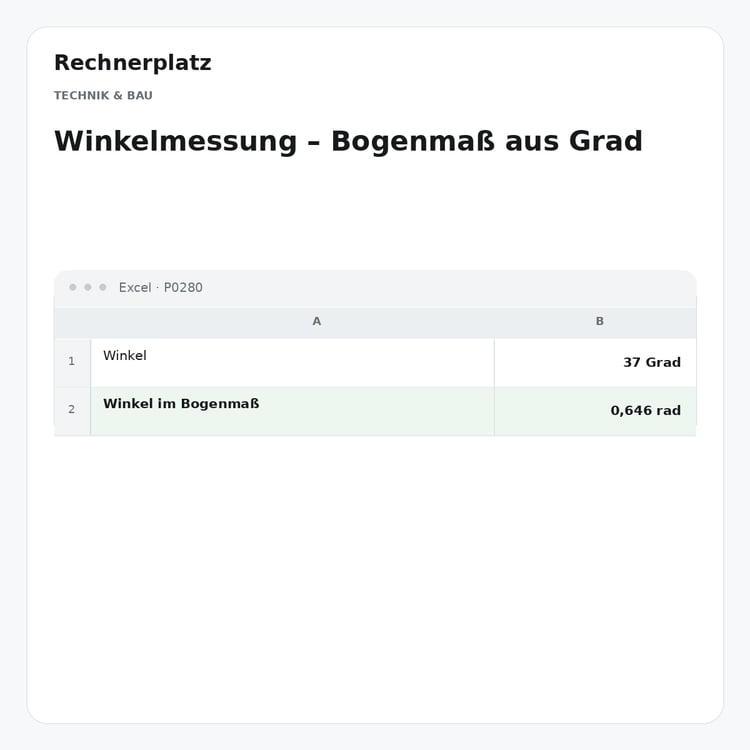 Rechnerplatz – Winkelmessung – Bogenmaß aus Grad, Excel-Übersicht mit Eingaben und Ergebnis.