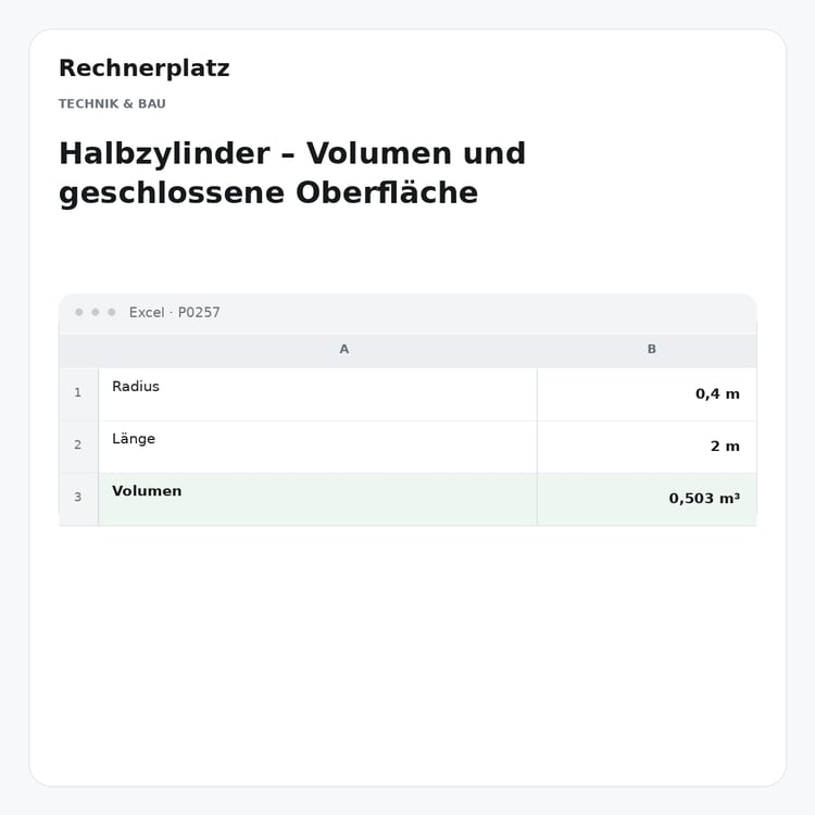 Rechnerplatz – Halbzylinder – Volumen und geschlossene Oberfläche, Excel-Übersicht mit Eingaben und Ergebnis.