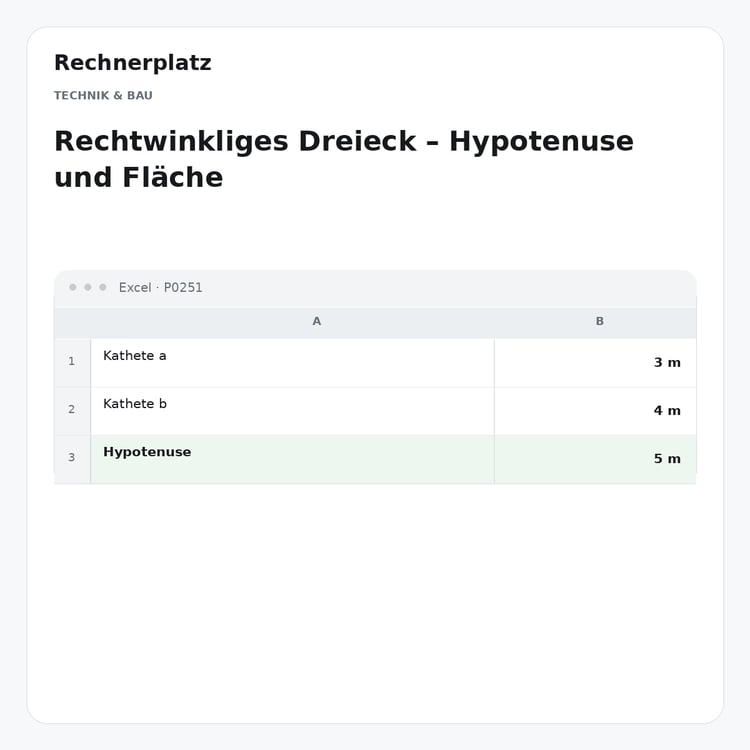 Rechnerplatz – Rechtwinkliges Dreieck – Hypotenuse und Fläche, Excel-Übersicht mit Eingaben und Ergebnis.
