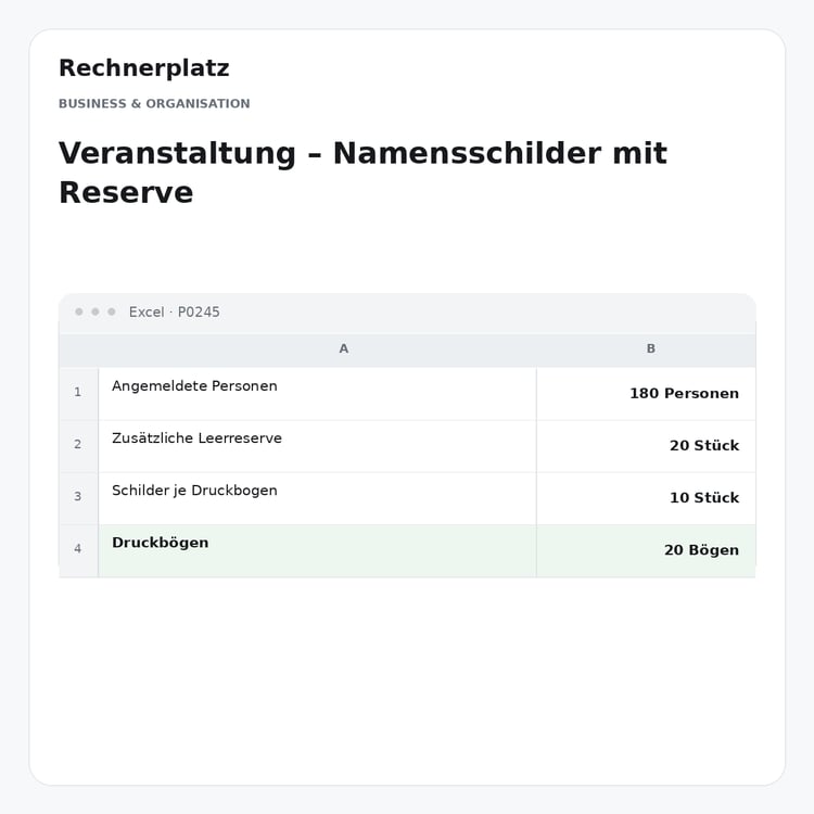 Rechnerplatz – Veranstaltung – Namensschilder mit Reserve, Excel-Übersicht mit Eingaben und Ergebnis.