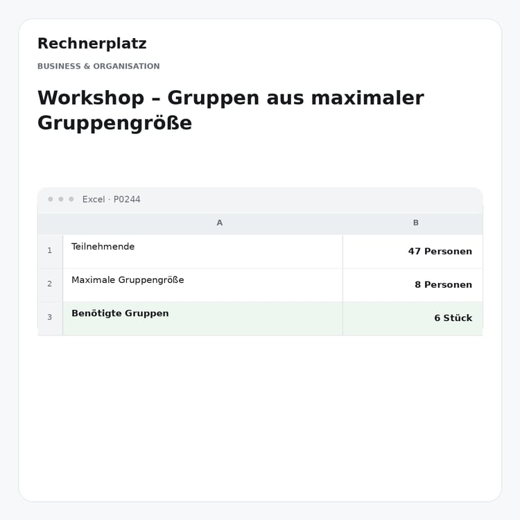 Rechnerplatz – Workshop – Gruppen aus maximaler Gruppengröße, Excel-Übersicht mit Eingaben und Ergebnis.