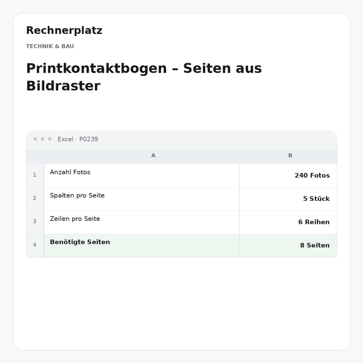 Rechnerplatz – Printkontaktbogen – Seiten aus Bildraster, Excel-Übersicht mit Eingaben und Ergebnis.