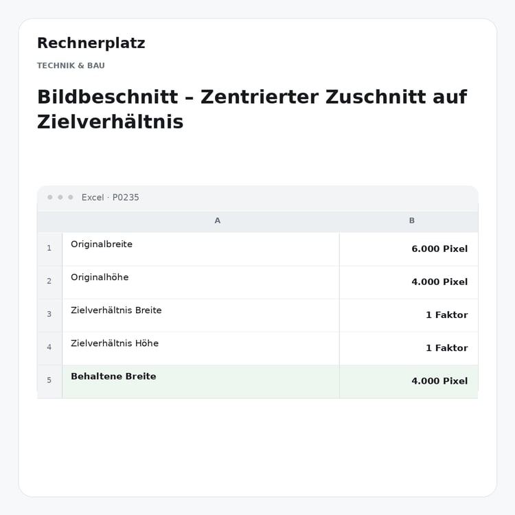 Rechnerplatz – Bildbeschnitt – Zentrierter Zuschnitt auf Zielverhältnis, Excel-Übersicht mit Eingaben und Ergebnis.