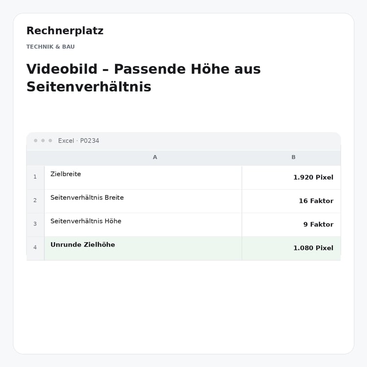Rechnerplatz – Videobild – Passende Höhe aus Seitenverhältnis, Excel-Übersicht mit Eingaben und Ergebnis.