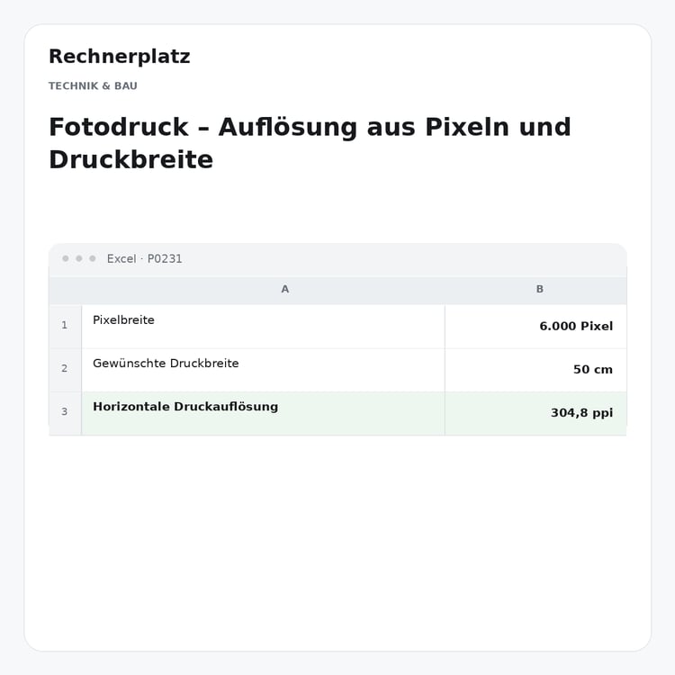 Rechnerplatz – Fotodruck – Auflösung aus Pixeln und Druckbreite, Excel-Übersicht mit Eingaben und Ergebnis.