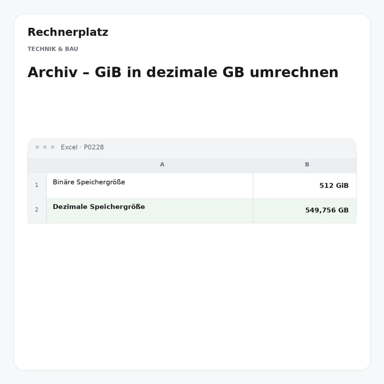 Rechnerplatz – Archiv – GiB in dezimale GB umrechnen, Excel-Übersicht mit Eingaben und Ergebnis.