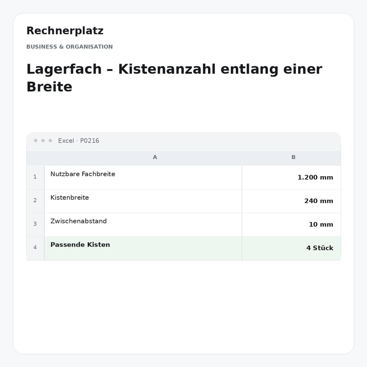 Rechnerplatz – Lagerfach – Kistenanzahl entlang einer Breite, Excel-Übersicht mit Eingaben und Ergebnis.