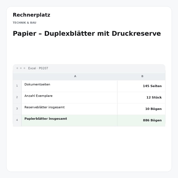 Rechnerplatz – Papier – Duplexblätter mit Druckreserve, Excel-Übersicht mit Eingaben und Ergebnis.