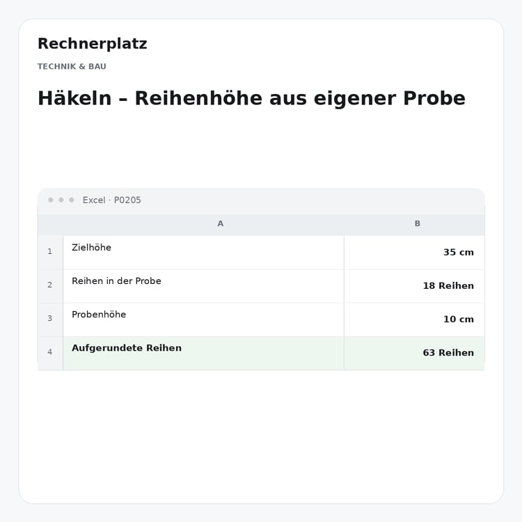 Rechnerplatz – Häkeln – Reihenhöhe aus eigener Probe, Excel-Übersicht mit Eingaben und Ergebnis.