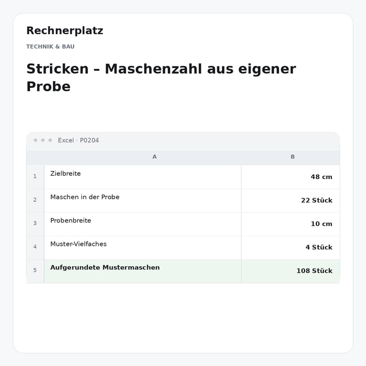 Rechnerplatz – Stricken – Maschenzahl aus eigener Probe, Excel-Übersicht mit Eingaben und Ergebnis.