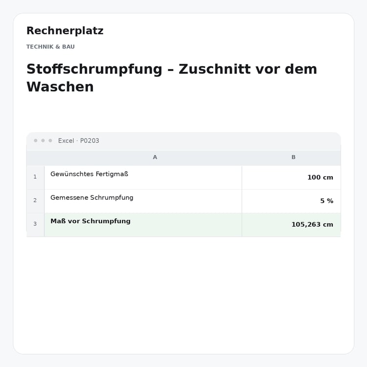 Rechnerplatz – Stoffschrumpfung – Zuschnitt vor dem Waschen, Excel-Übersicht mit Eingaben und Ergebnis.