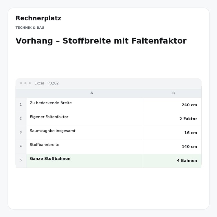 Rechnerplatz – Vorhang – Stoffbreite mit Faltenfaktor, Excel-Übersicht mit Eingaben und Ergebnis.