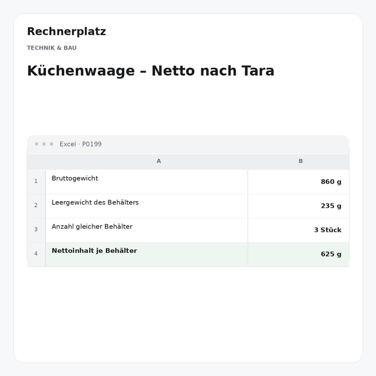 Rechnerplatz – Küchenwaage – Netto nach Tara, Excel-Übersicht mit Eingaben und Ergebnis.