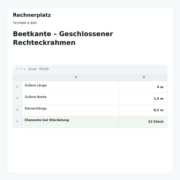 Rechnerplatz – Beetkante – Geschlossener Rechteckrahmen, Excel-Übersicht mit Eingaben und Ergebnis.