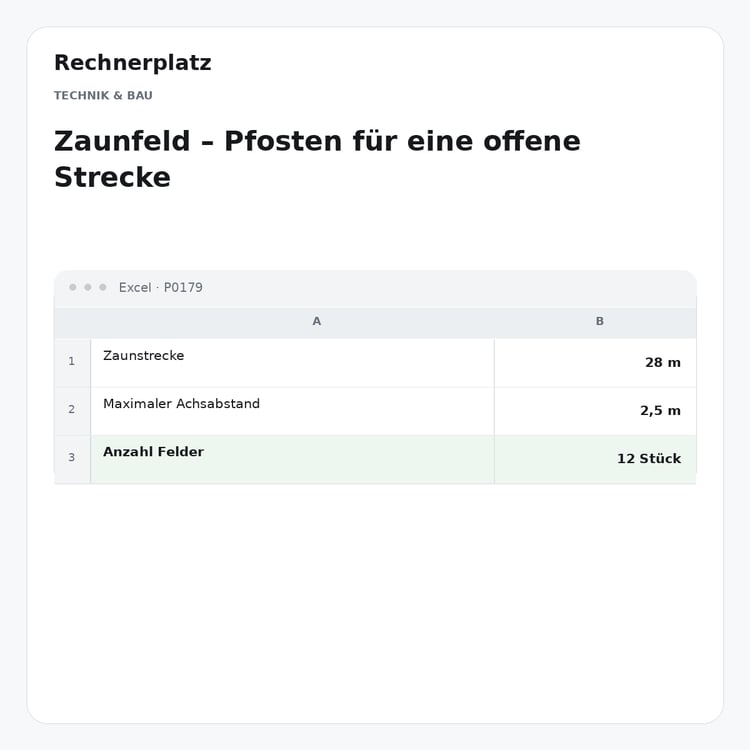 Rechnerplatz – Zaunfeld – Pfosten für eine offene Strecke, Excel-Übersicht mit Eingaben und Ergebnis.