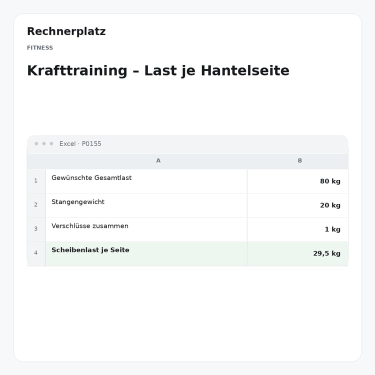 Rechnerplatz – Krafttraining – Last je Hantelseite, Excel-Übersicht mit Eingaben und Ergebnis.