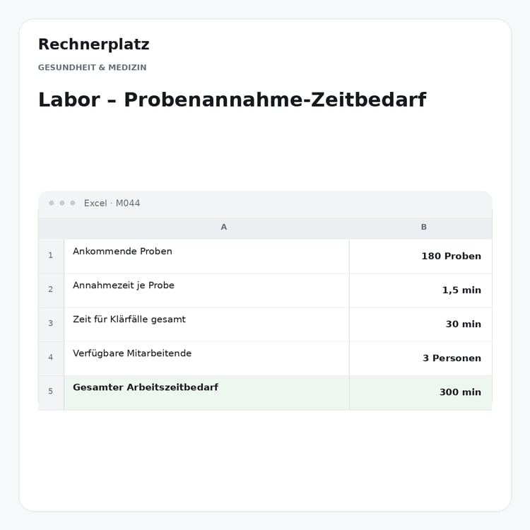 Rechnerplatz – Labor – Probenannahme-Zeitbedarf, Excel-Übersicht mit Eingaben und Ergebnis.