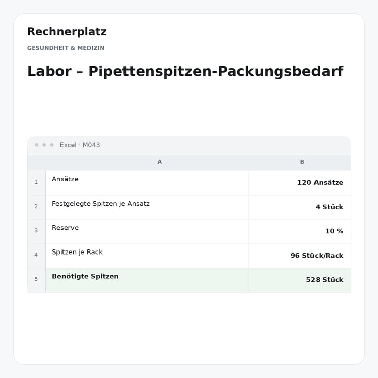 Rechnerplatz – Labor – Pipettenspitzen-Packungsbedarf, Excel-Übersicht mit Eingaben und Ergebnis.