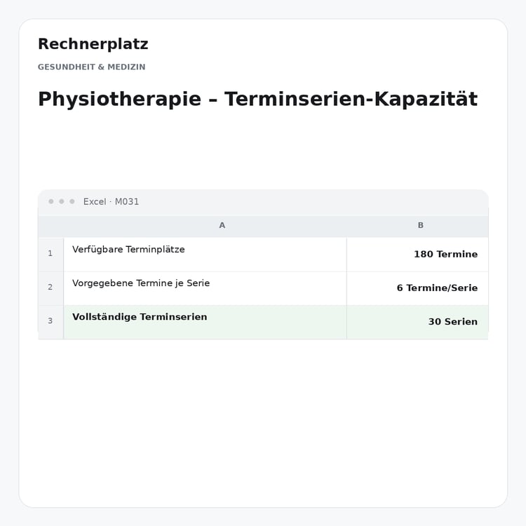Rechnerplatz – Physiotherapie – Terminserien-Kapazität, Excel-Übersicht mit Eingaben und Ergebnis.