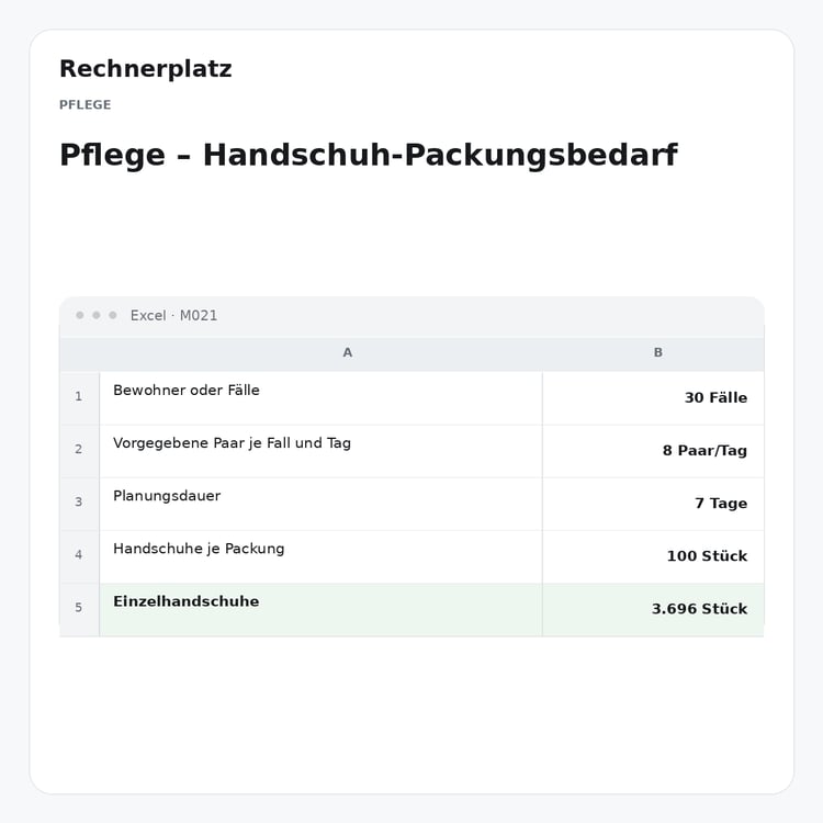Rechnerplatz – Pflege – Handschuh-Packungsbedarf, Excel-Übersicht mit Eingaben und Ergebnis.