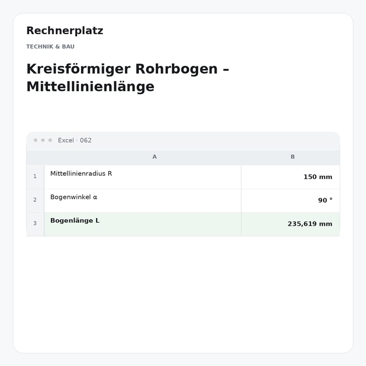 Rechnerplatz – Kreisförmiger Rohrbogen – Mittellinienlänge, Excel-Übersicht mit Eingaben und Ergebnis.