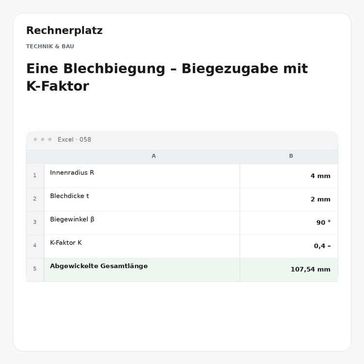 Rechnerplatz – Eine Blechbiegung – Biegezugabe mit K-Faktor, Excel-Übersicht mit Eingaben und Ergebnis.