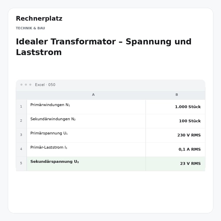 Rechnerplatz – Idealer Transformator – Spannung und Laststrom, Excel-Übersicht mit Eingaben und Ergebnis.