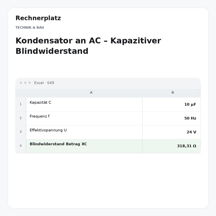 Rechnerplatz – Kondensator an AC – Kapazitiver Blindwiderstand, Excel-Übersicht mit Eingaben und Ergebnis.