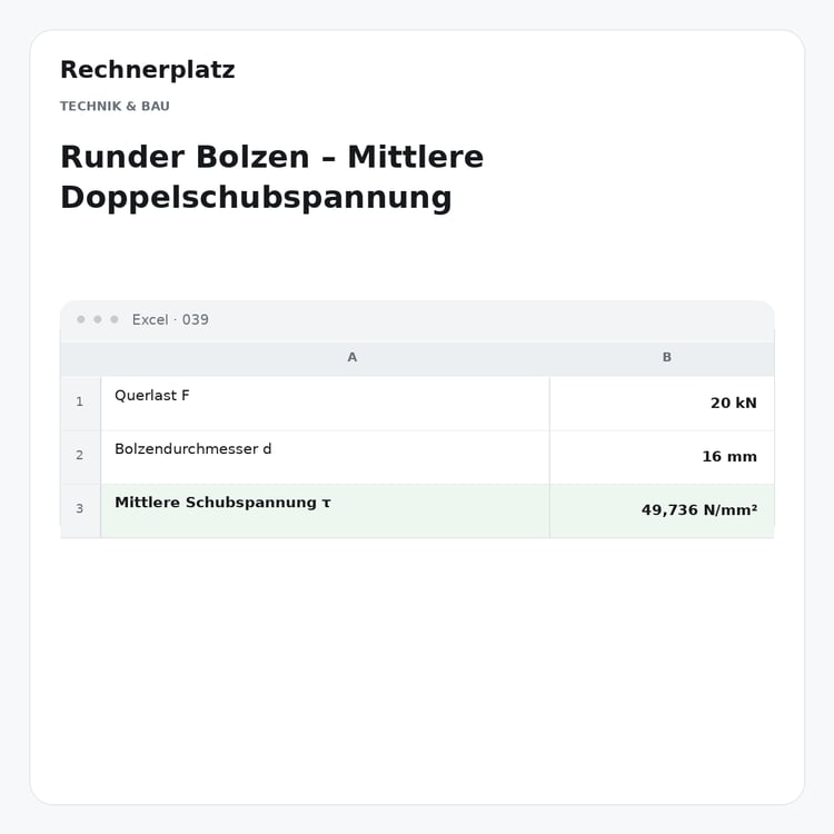 Rechnerplatz – Runder Bolzen – Mittlere Doppelschubspannung, Excel-Übersicht mit Eingaben und Ergebnis.