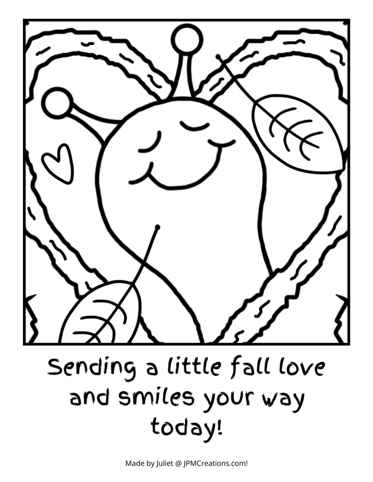Cute Snail Fall Heart Tree Coloring Page (With Text)