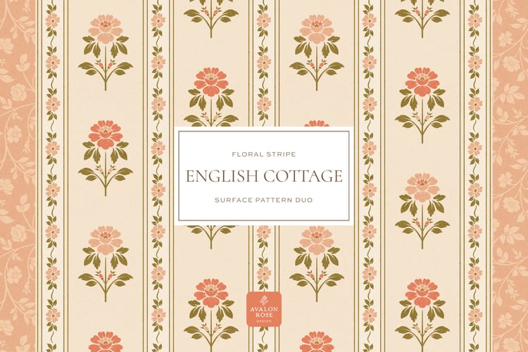 English cottage floral seamless surface pattern with floral stripes in a vintage country style in pink and green