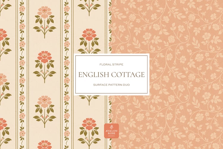English cottage floral seamless surface pattern with floral stripes in a vintage country style in pink and green