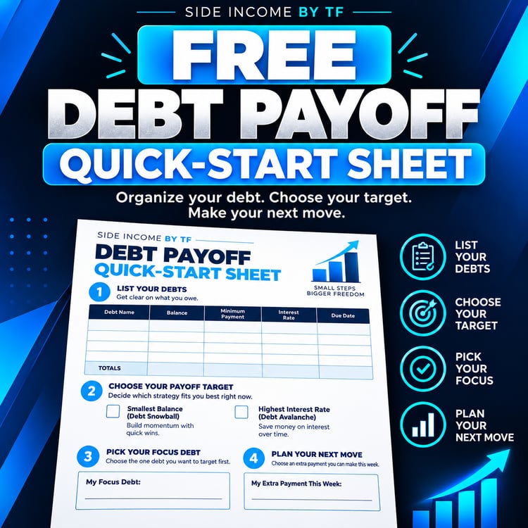 Free Debt Payoff Worksheet and Quick-Start Sheet by Side Income By TF, featuring a blue debt repayment planner cover for beginners.