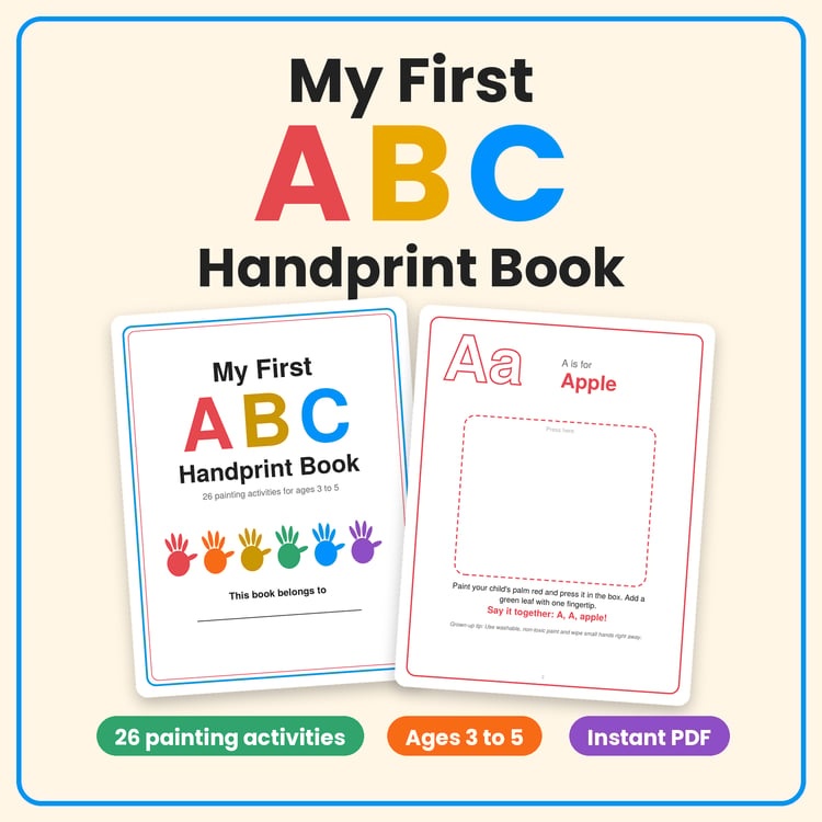 My First ABC Handprint Book | A-Z Alphabet Handprint Art Activities for Kids Ages 3-5 | Printable Preschool ABC Activity PDF