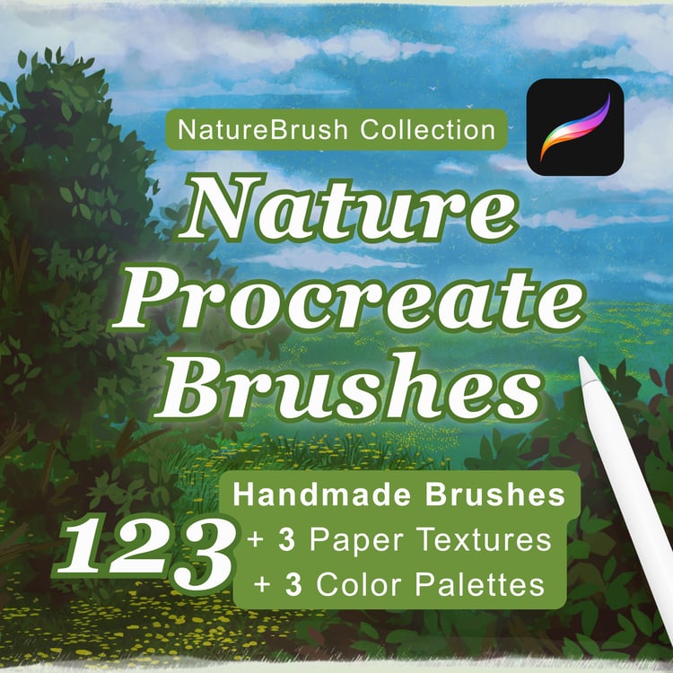 NatureBrush Collection with 123 handmade Procreate nature and landscape brushes for forests, meadows, flowers, clouds and foliage