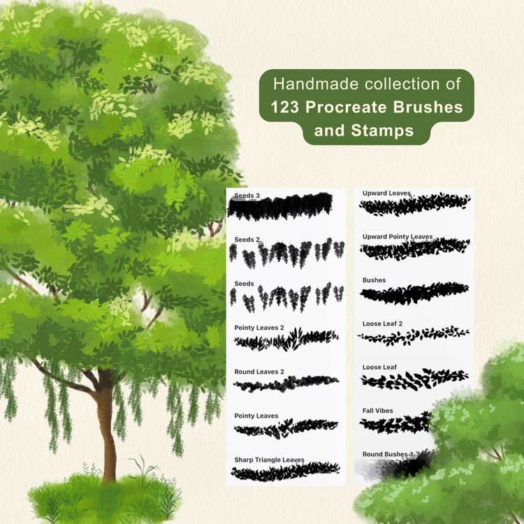 Procreate tree brushes for creating forest, atmospheric backgrounds and landscape illustrations