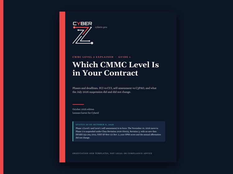 Cover of Which CMMC Level Is in Your Contract, a CyberZ guide, October 2026 edition.